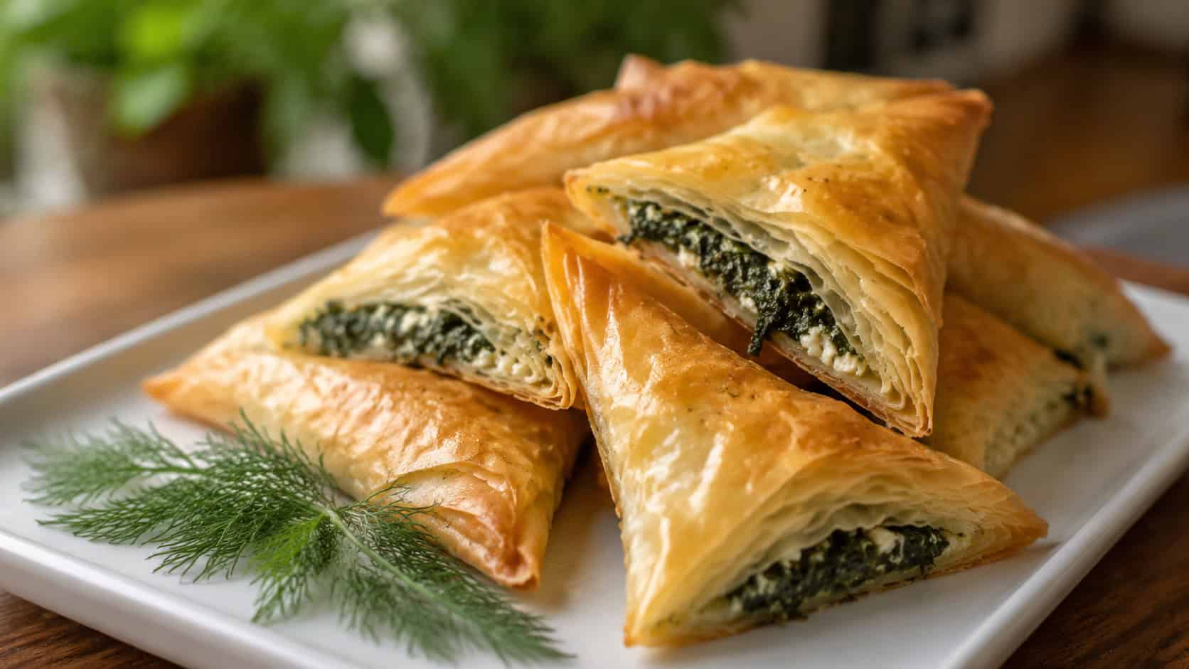 golden crispy phyllo triangles filled with spinach and feta, stacked on a white plate with a sprig of dill, in a wide horizontal shot, warm natural light, shallow depth of field, landscape orientation