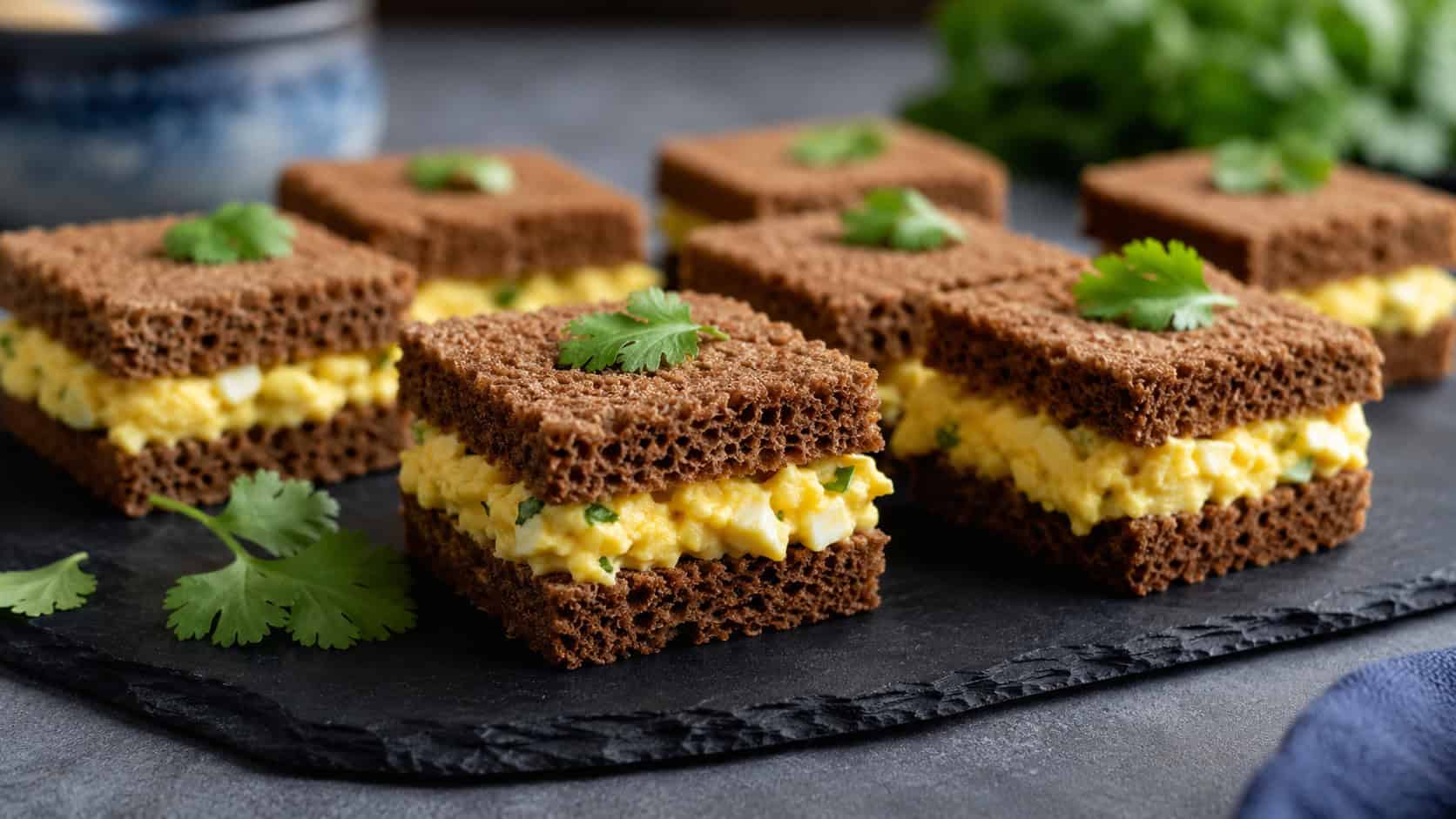 curried egg salad tea sandwiches on dark rye cut into squares, the pale yellow filling visible, arranged on a slate platter with cilantro, in a wide horizontal shot, soft natural light, shallow depth of field, landscape orientation