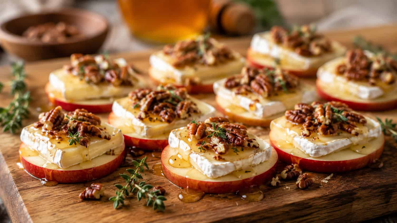 crisp apple rounds topped with creamy brie, drizzled honey, and toasted pecans, arranged on a wooden board with thyme, in a wide horizontal shot, warm natural light, shallow depth of field, landscape orientation