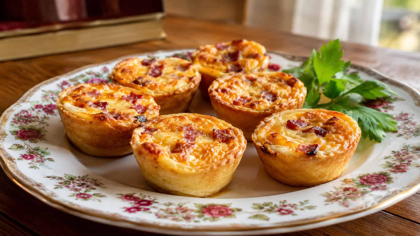 golden mini quiche Lorraine bites flecked with bacon and cheese, arranged on a vintage floral plate with a sprig of parsley, in a wide horizontal shot, warm natural light, shallow depth of field, landscape orientation