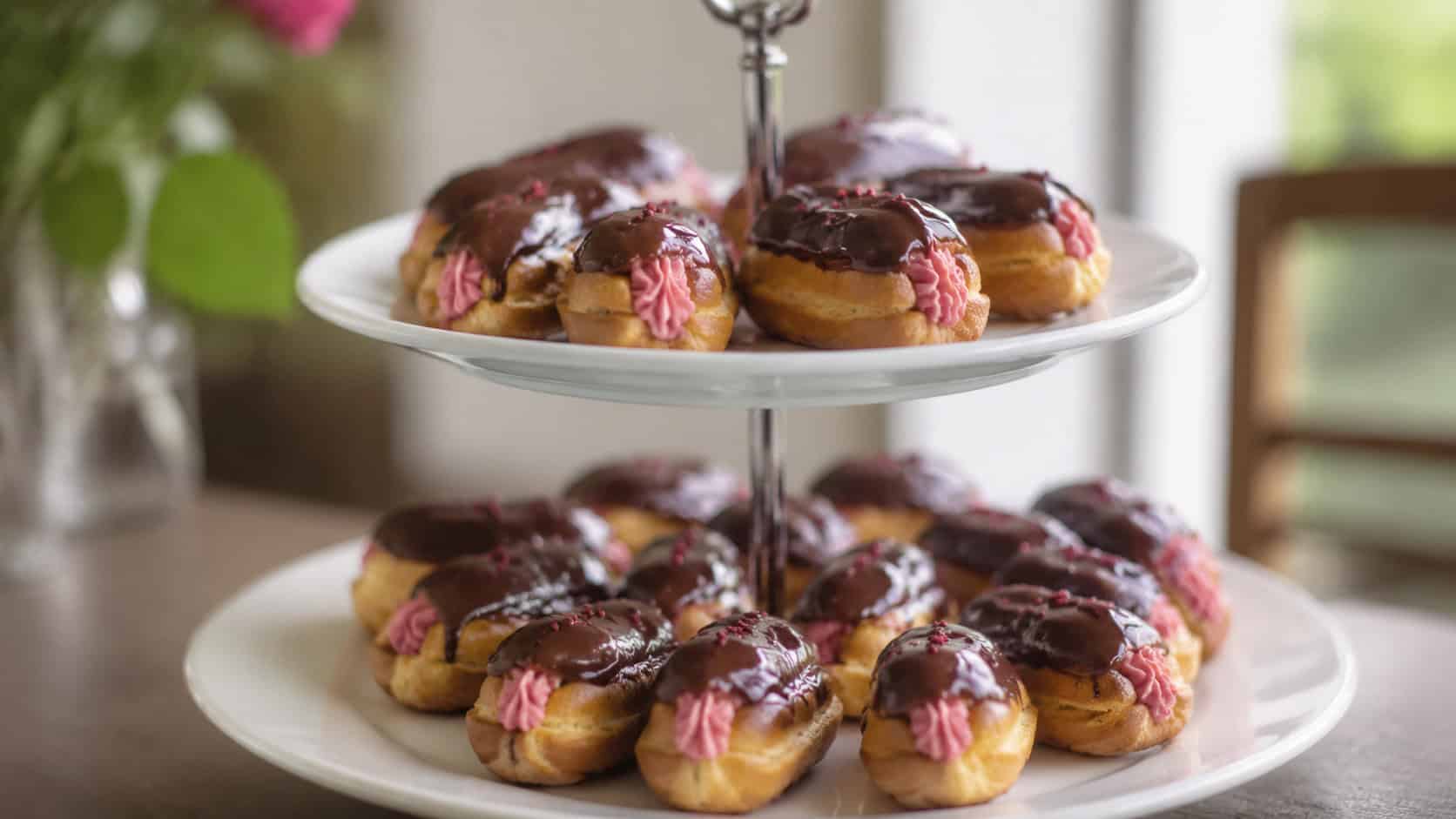 mini eclairs topped with glossy chocolate glaze and a hint of pink raspberry cream, arranged on a white tiered stand, in a wide horizontal shot, soft natural light, shallow depth of field, landscape orientation