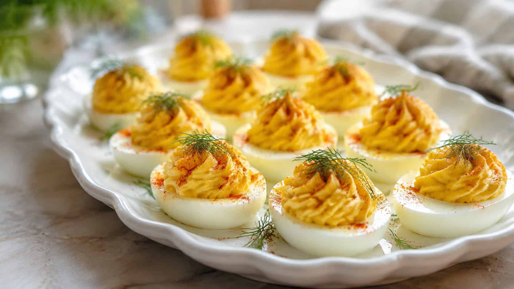 deviled eggs piped with creamy yellow filling, dusted with paprika and topped with dill fronds, arranged on a white scalloped platter, in a wide horizontal shot, soft natural light, shallow depth of field, landscape orientation