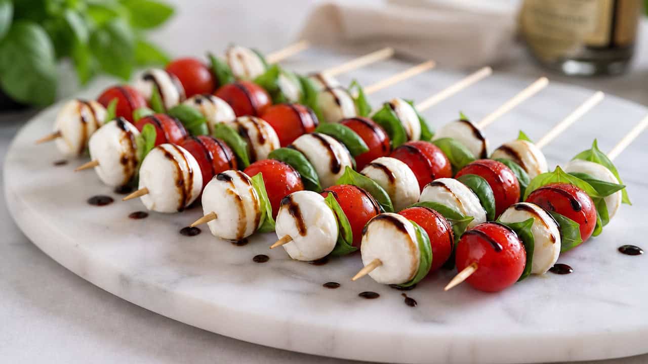 caprese skewers with red cherry tomatoes, white mozzarella, and green basil drizzled with balsamic glaze, fanned across a marble board, in a wide horizontal shot, bright natural light, shallow depth of field, landscape orientation