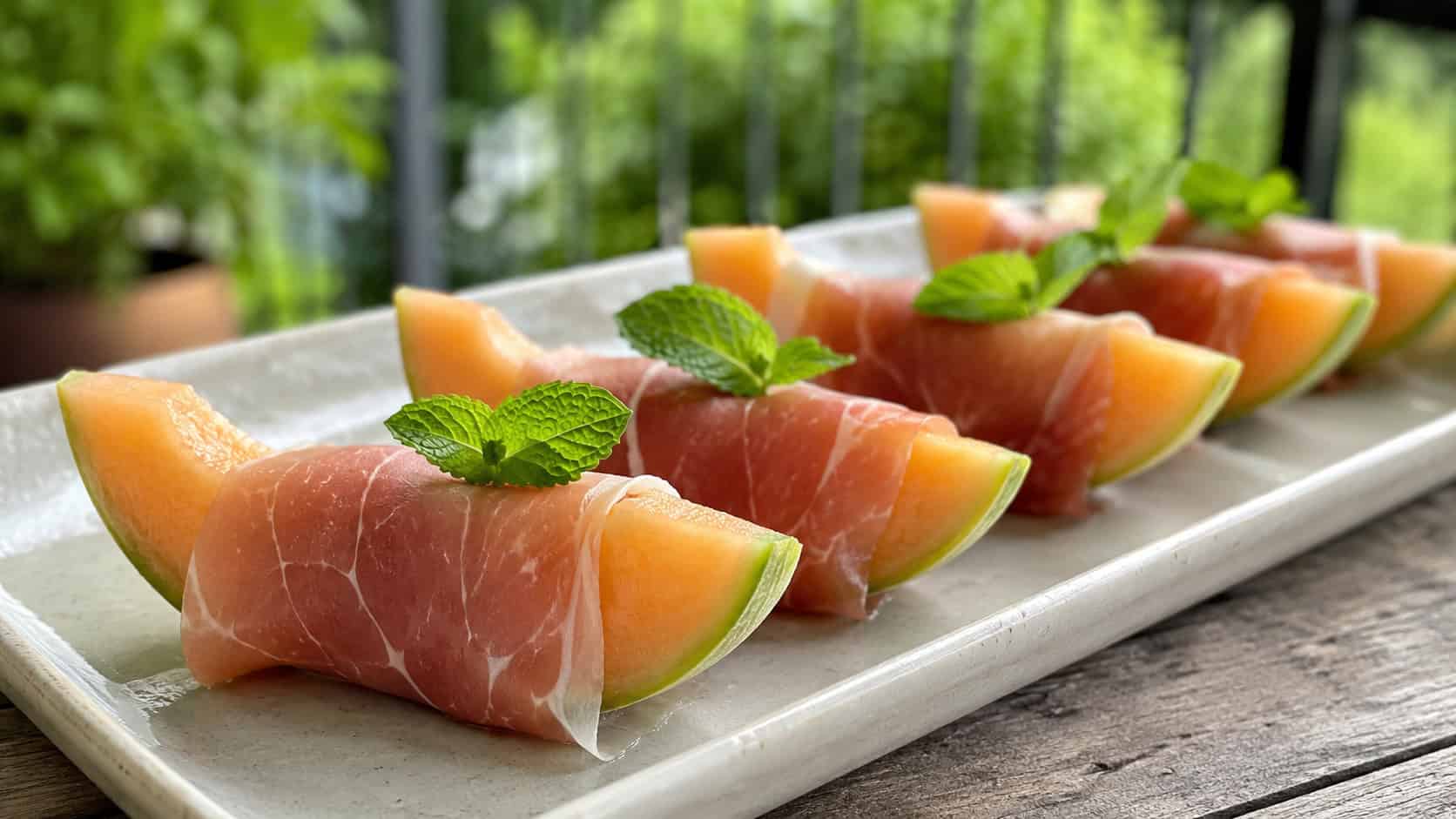 prosciutto-wrapped cantaloupe wedges garnished with fresh mint, arranged in a row on a pale ceramic platter, in a wide horizontal shot, natural daylight, shallow depth of field, landscape orientation