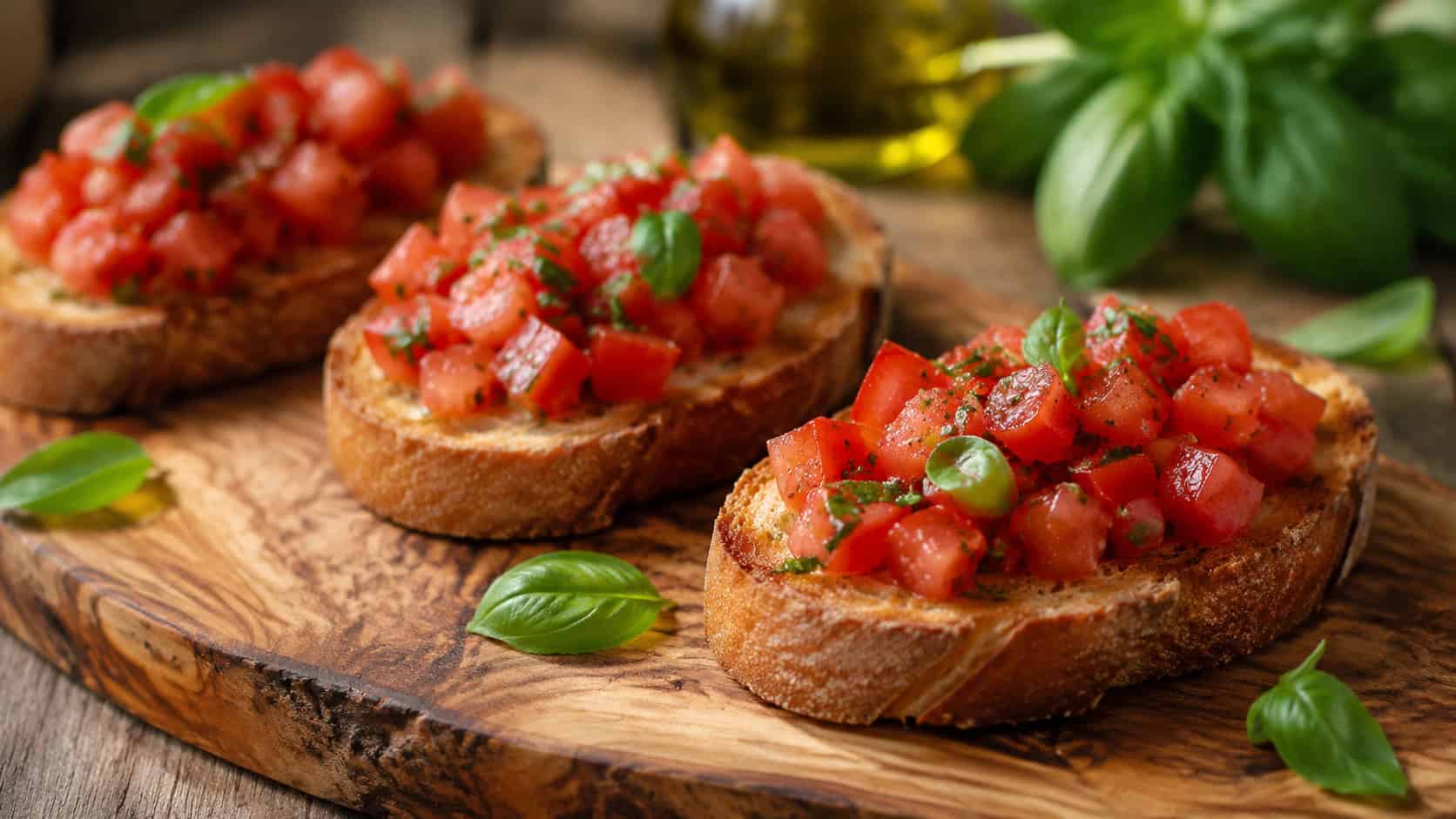 bruschetta toasts topped with diced red tomatoes and fresh basil, arranged on a rustic wooden board, in a wide horizontal shot, warm natural light, shallow depth of field, landscape orientation