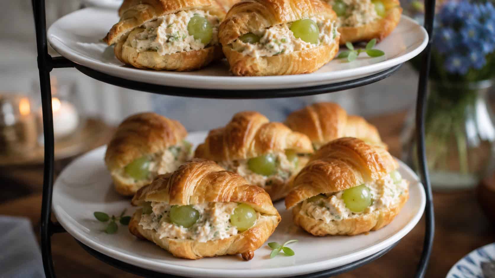 mini croissant sandwiches filled with creamy chicken salad and a peek of green grape, arranged on a tiered serving stand, in a wide horizontal shot, soft natural light, shallow depth of field, landscape orientation
