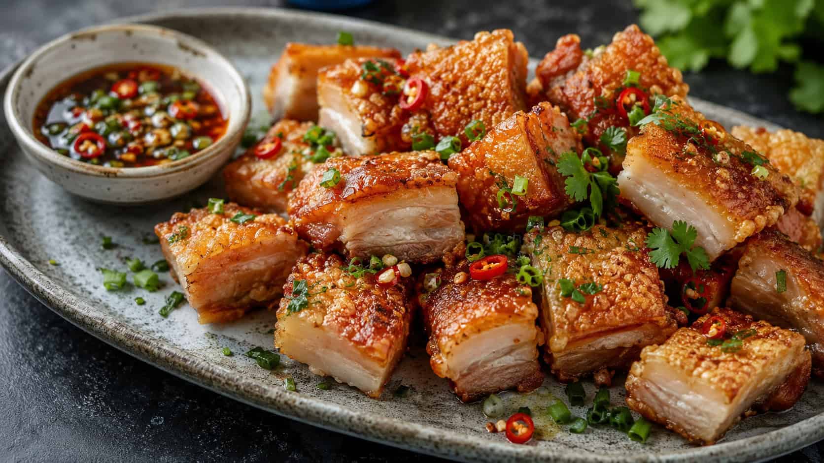a wide horizontal plate of crispy pork belly bites with golden crackling skin and tender layers, scattered with chili and herbs, small dipping bowl alongside, on a dark surface, natural light, shallow depth of field, landscape orientation