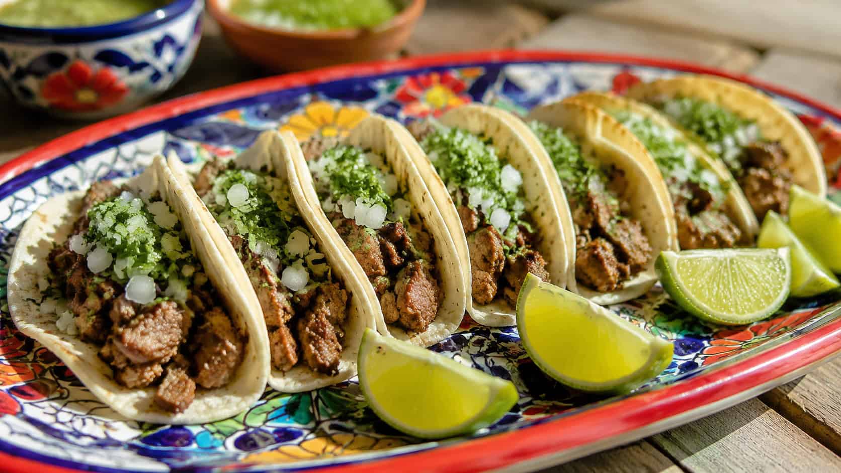 a wide horizontal row of mini pork tacos topped with onion and cilantro, lime wedges scattered around, on a bright ceramic platter, natural daylight, shallow depth of field, landscape orientation