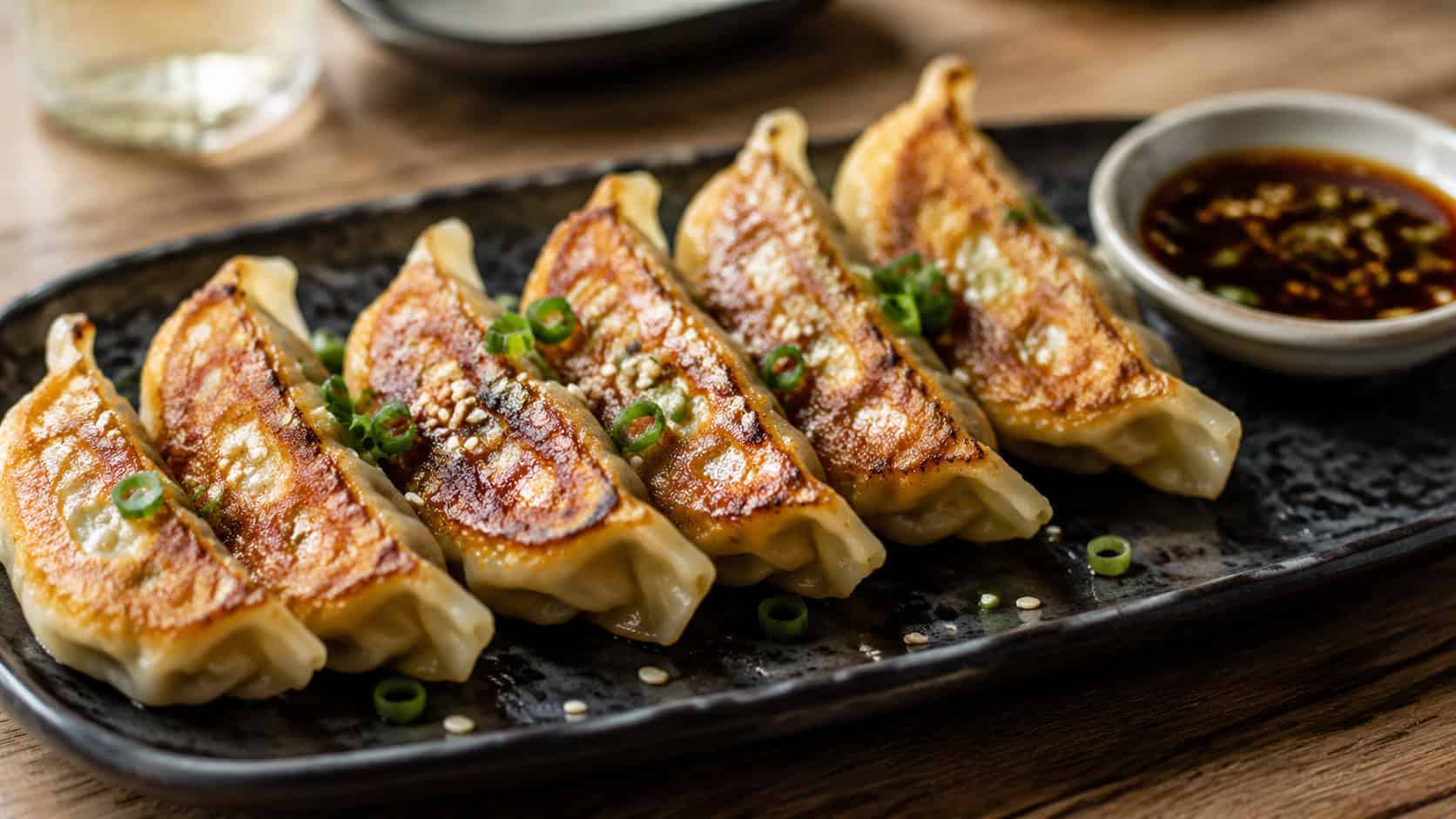 a wide horizontal plate of crispy pork gyoza with golden-brown bottoms facing up, garnished with sesame seeds and scallion, small dipping bowl alongside, on a dark plate, soft natural light, shallow depth of field, landscape orientation