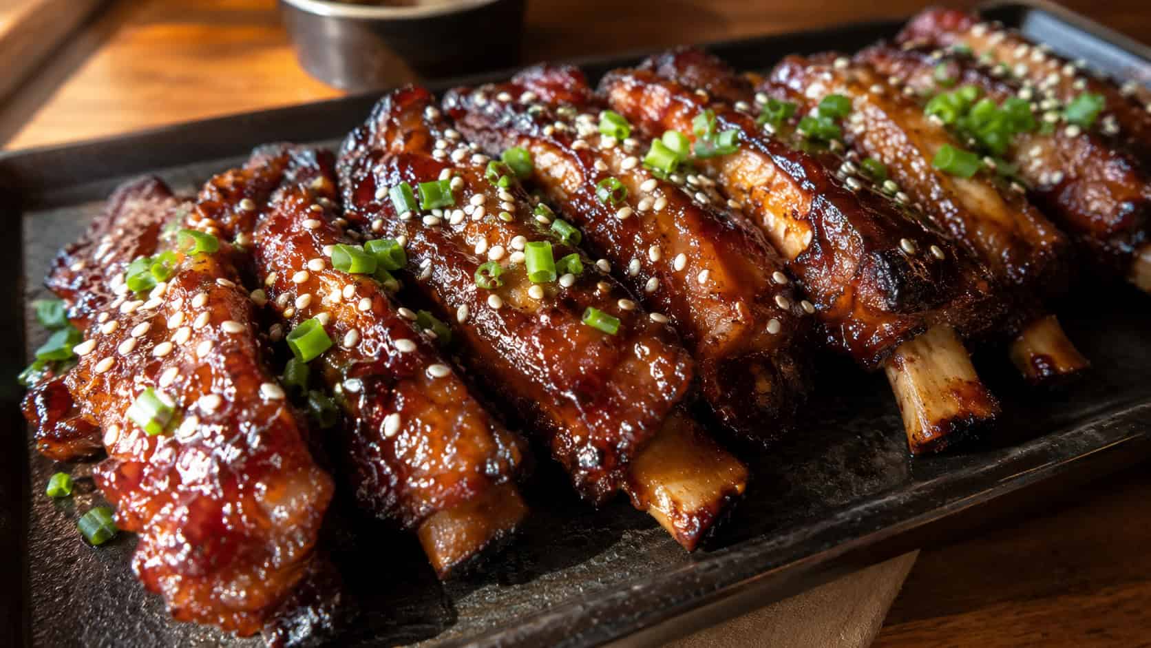 a wide horizontal platter of sticky honey pork ribs with deep caramelized glaze, sprinkled with sesame seeds and scallion, on a dark tray, warm natural light, shallow depth of field, landscape orientation