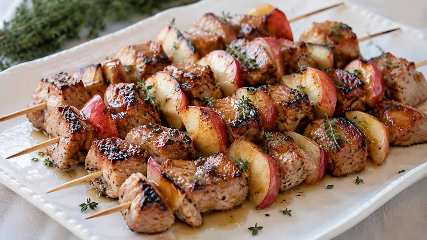 a wide horizontal arrangement of grilled pork and apple skewers glistening with honey glaze, char marks visible, resting on a white ceramic platter with fresh thyme, natural daylight, shallow depth of field, landscape orientation