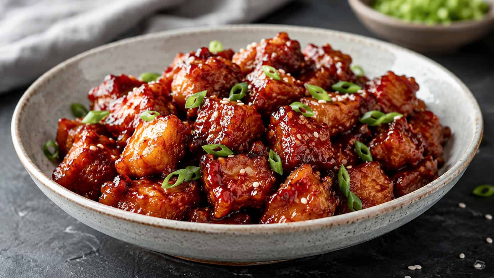 a wide horizontal bowl of glossy sweet and spicy pork bites coated in red chili glaze, sprinkled with sesame seeds and sliced green onion, on a dark slate surface, natural light, shallow depth of field, landscape orientation