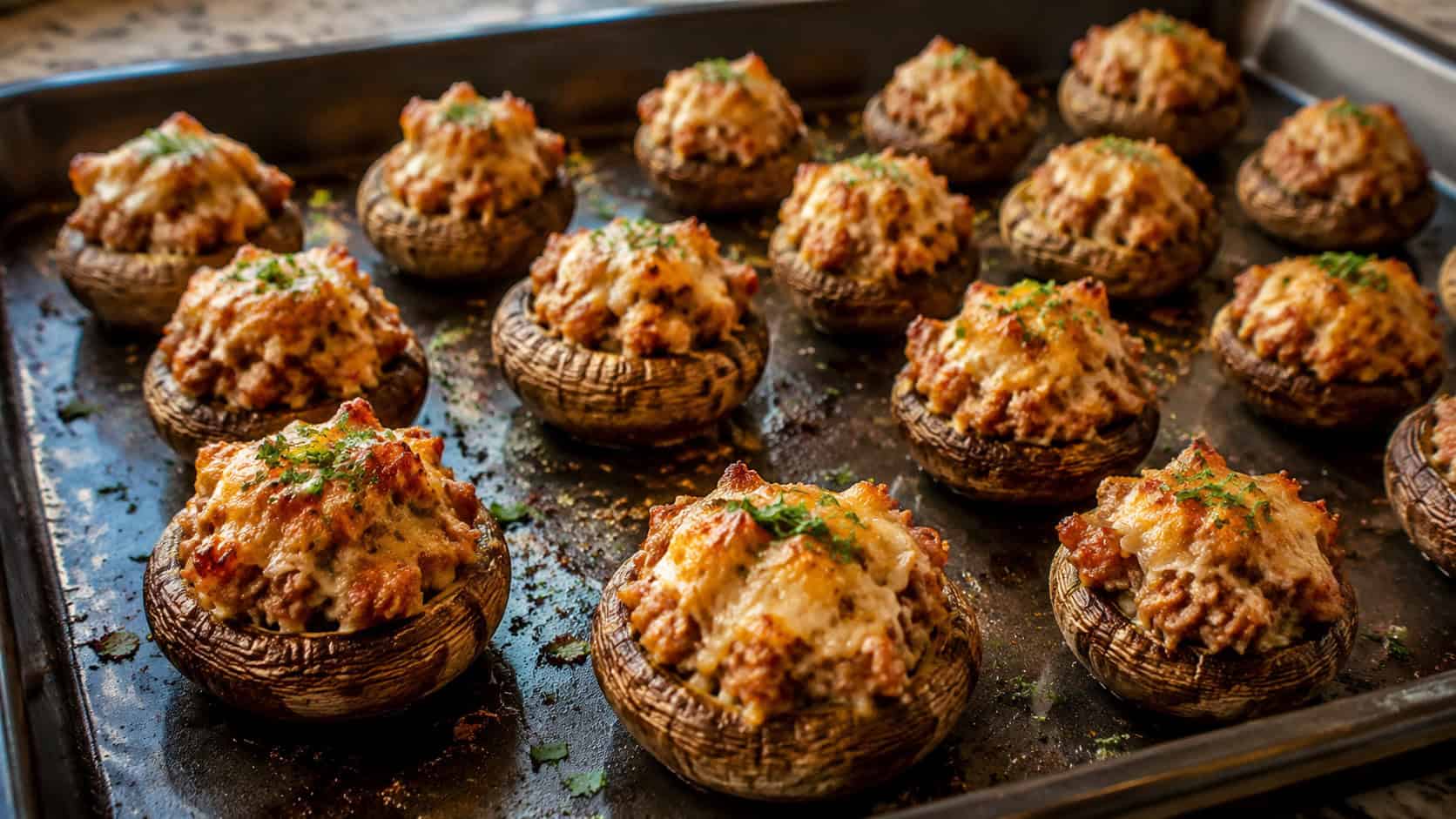 a wide horizontal tray of spicy sausage stuffed mushrooms with golden bubbly tops, garnished with parsley, arranged on a dark baking sheet, soft natural light, shallow depth of field, landscape orientation