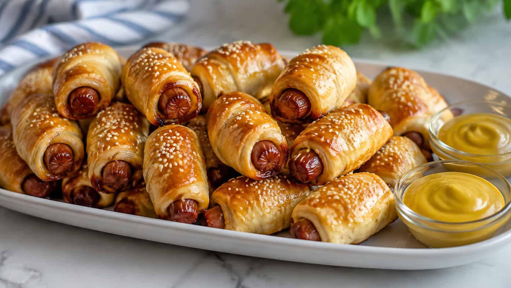 a wide horizontal pile of golden pigs in a blanket with shiny egg-washed tops and sesame seeds, small bowls of mustard nearby, on a white platter, bright natural light, shallow depth of field, landscape orientation