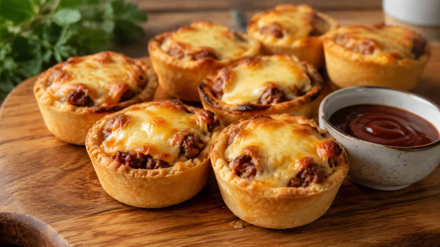 a wide horizontal arrangement of golden mini bbq pork pies in flaky pastry cups with melty cheese on top, on a wooden board with a small dish of barbecue sauce, warm natural light, shallow depth of field, landscape orientation