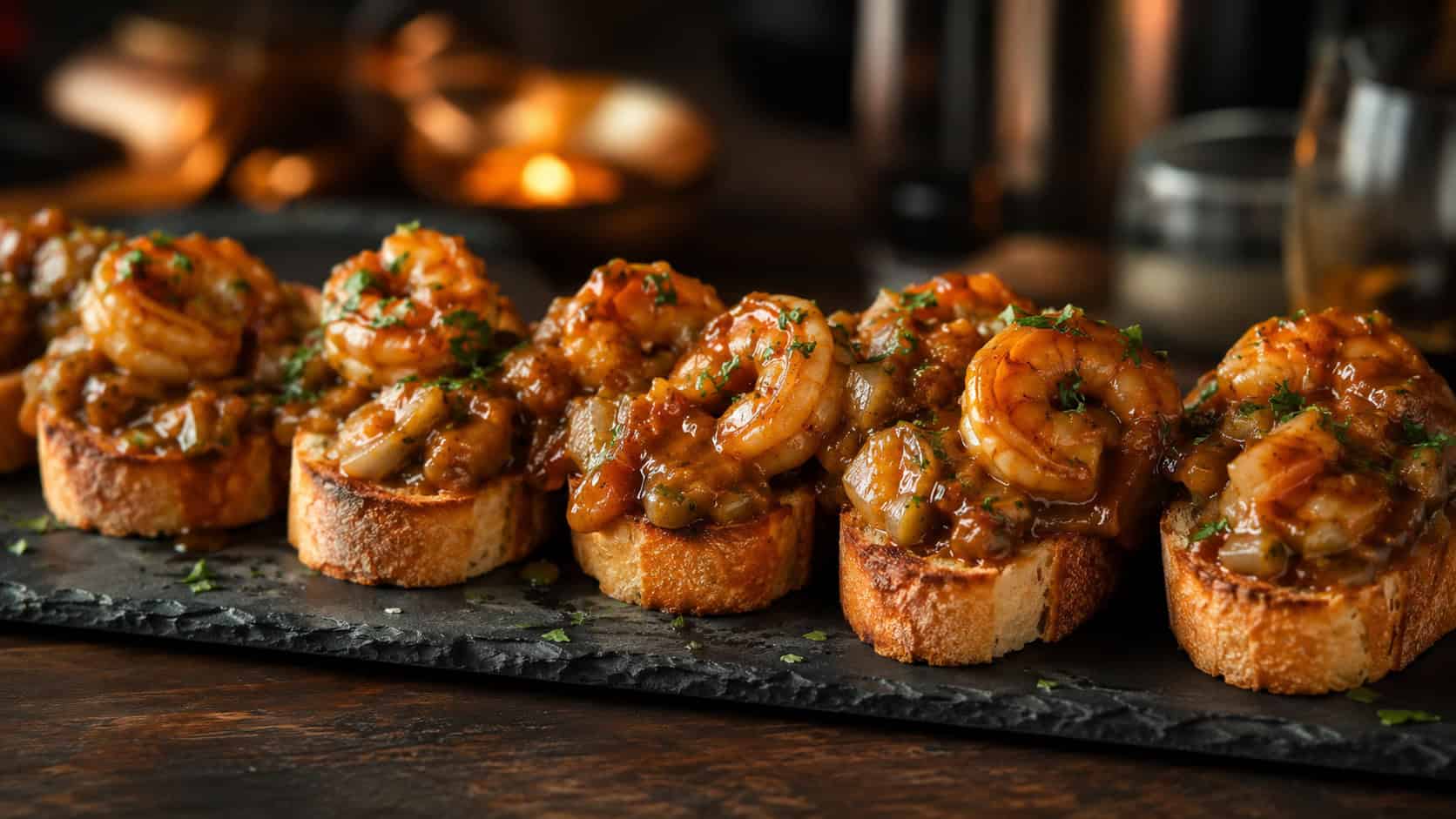 shrimp etouffee spooned over toasted baguette slices arranged in a wide horizontal row on a slate board, glossy reddish-brown sauce and plump shrimp with parsley garnish, warm moody light, shallow depth of field, landscape orientation