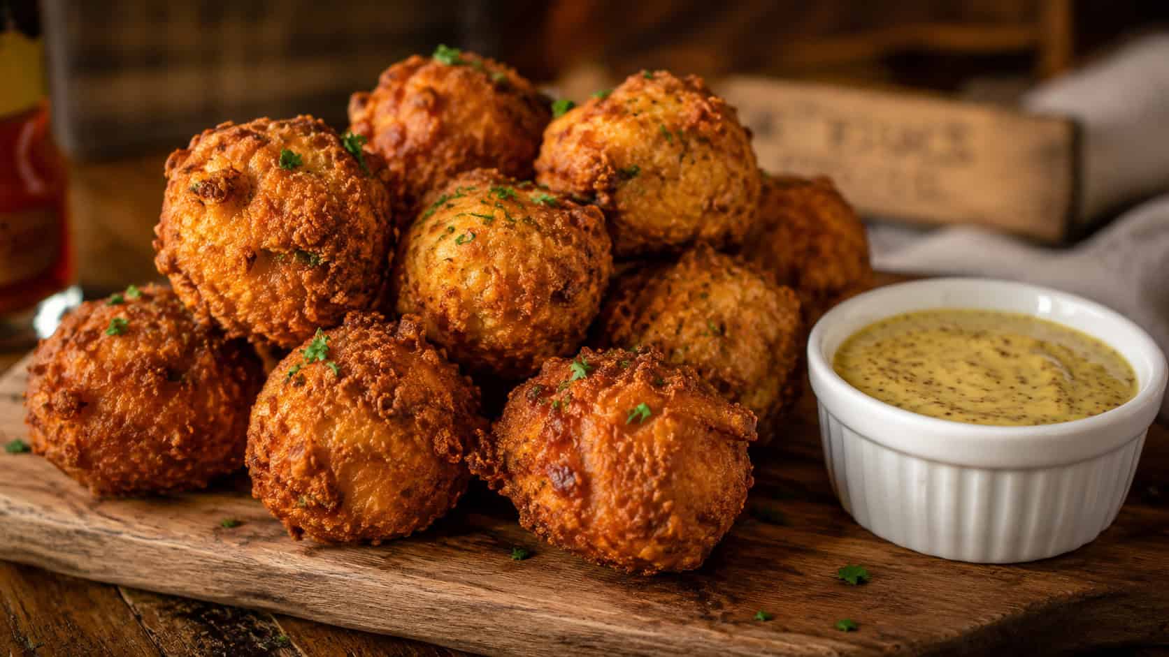 crispy golden boudin balls stacked in a wide horizontal arrangement on a wooden board, deeply fried craggy exteriors with a ramekin of creole mustard, sprinkle of parsley, warm rustic light, shallow depth of field, landscape orientation