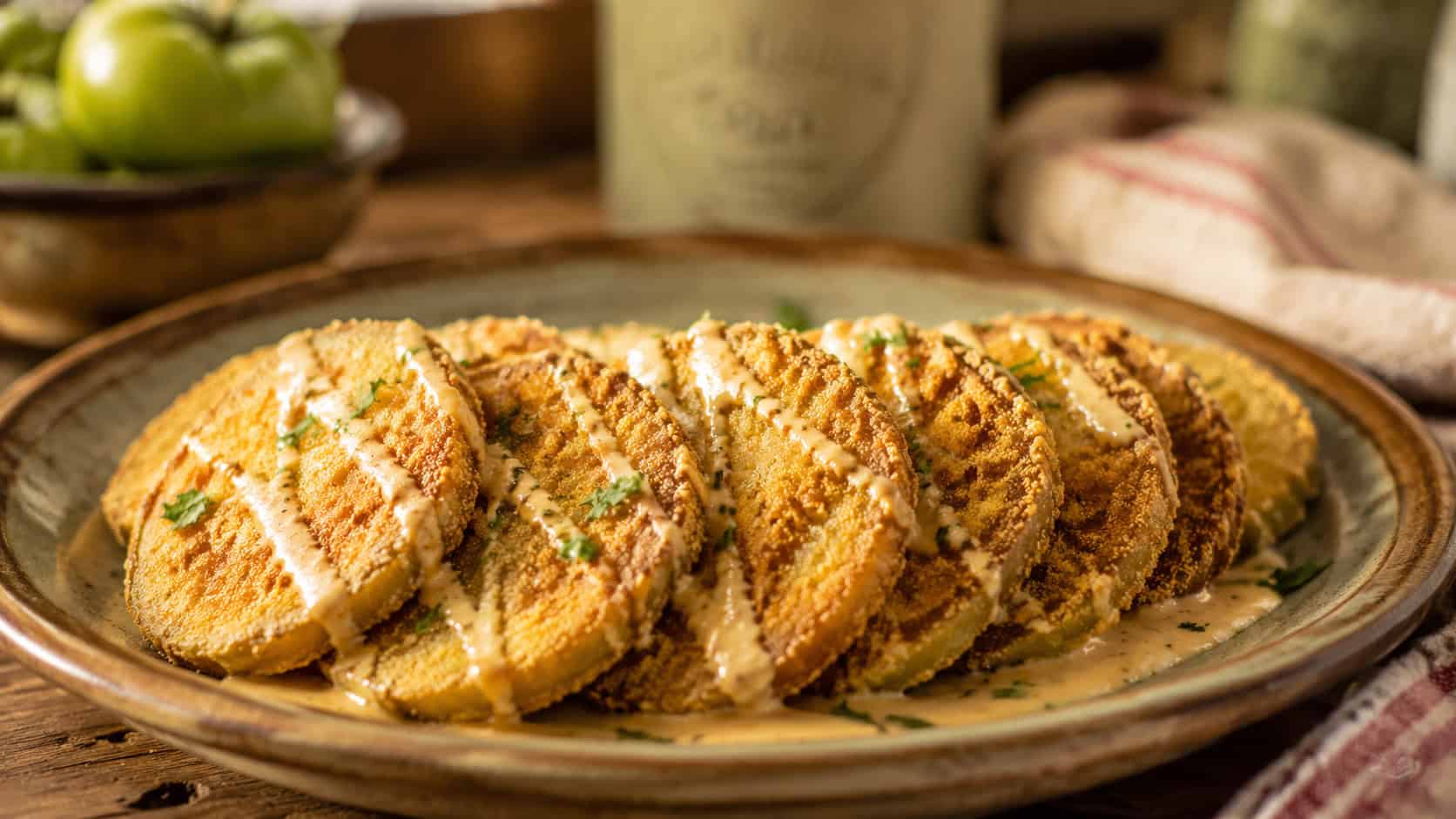 crispy fried green tomato slices fanned out in a wide horizontal arrangement on a rustic plate, golden cornmeal crust with a drizzle of creamy sauce, sprinkle of parsley, warm Southern kitchen light, shallow depth of field, landscape orientation