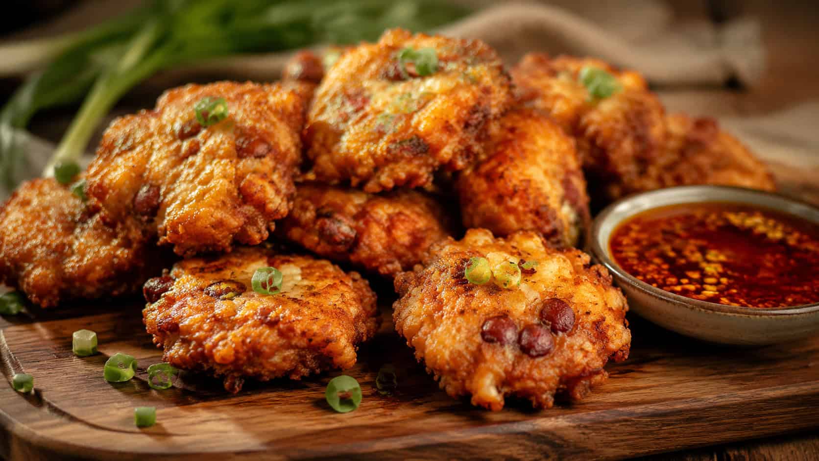 golden red beans and rice fritters piled in a wide horizontal arrangement on a wooden board, crispy craggy exteriors with a small bowl of spicy dipping sauce, scattered green onion, warm rustic light, shallow depth of field, landscape orientation