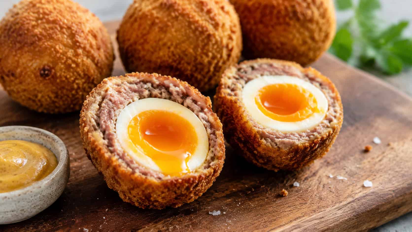 golden scotch eggs in a wide horizontal shot, halved to show soft yolks on a wooden board with mustard, natural light, shallow depth of field, landscape orientation