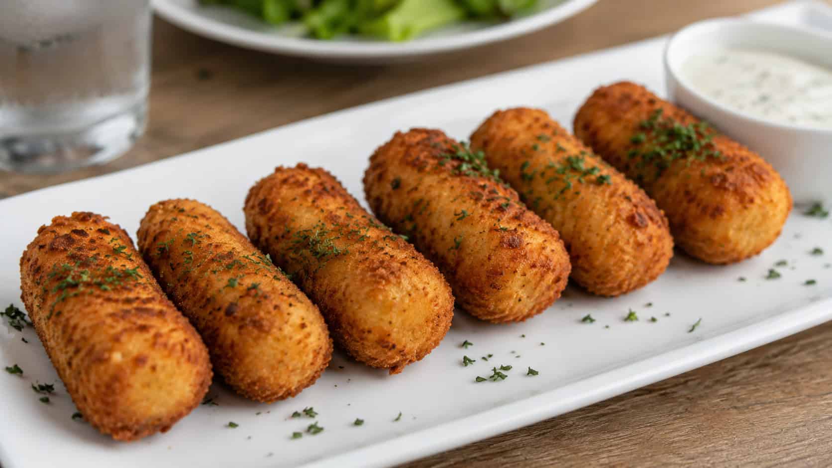 golden potato croquettes in a wide horizontal shot, lined up on a plate with a sprinkle of parsley and dipping sauce, natural light, shallow depth of field, landscape orientation