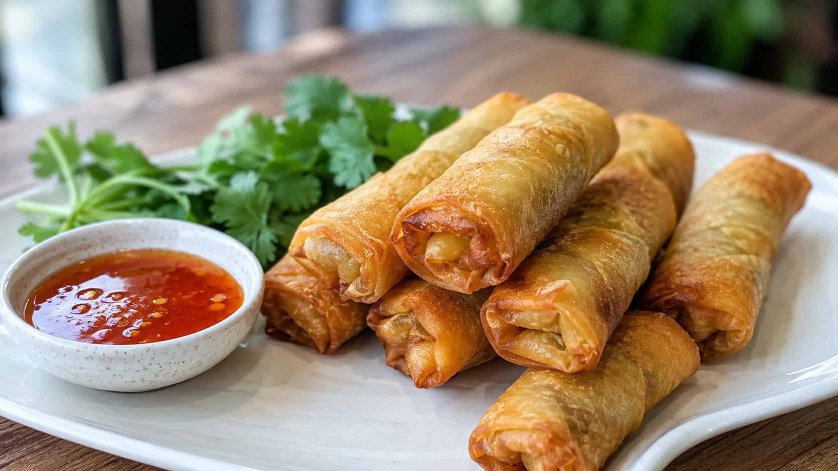 crispy golden spring rolls in a wide horizontal shot, stacked on a plate with a bowl of sweet chili sauce and cilantro, natural light, shallow depth of field, landscape orientation