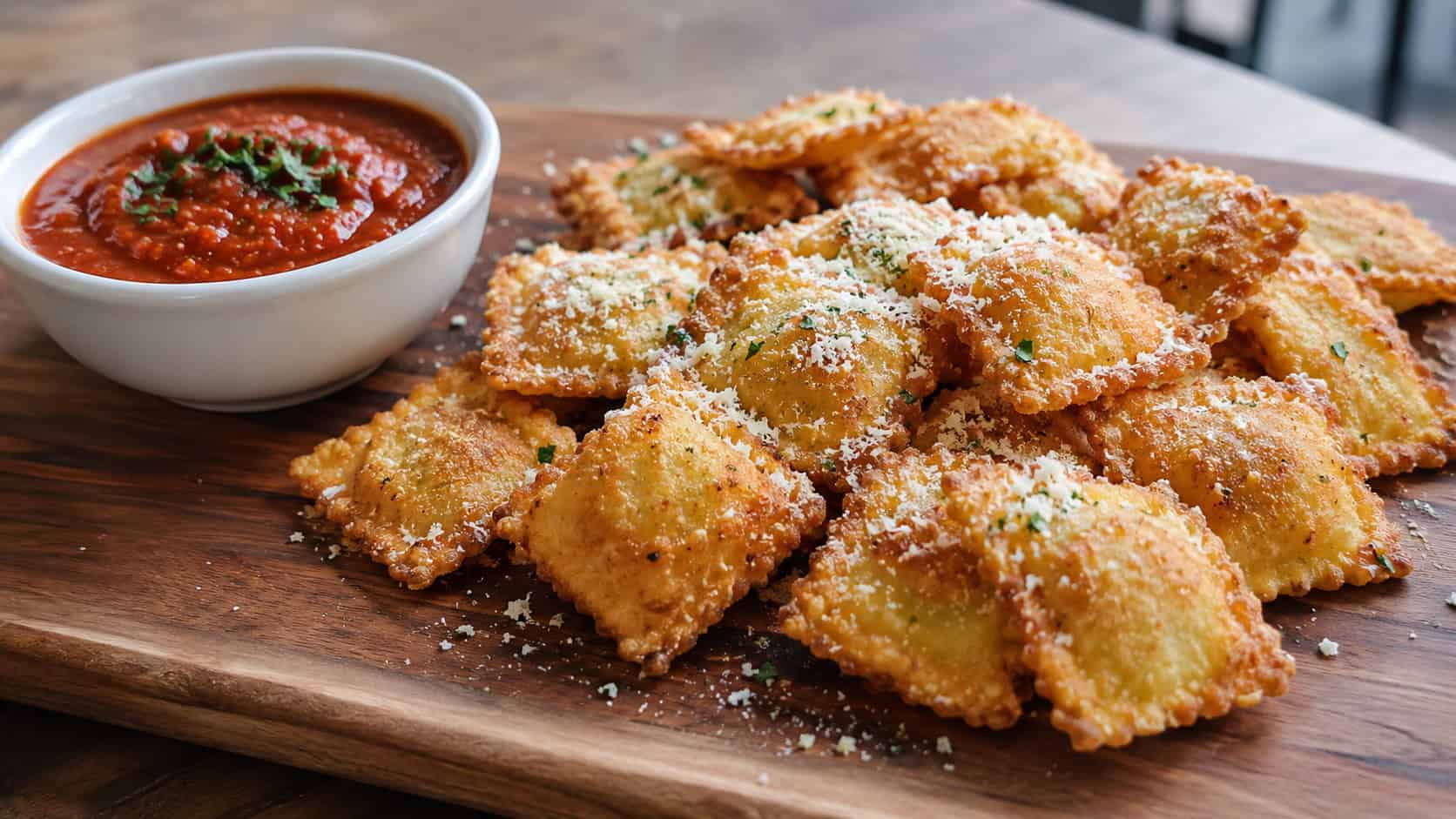 crispy fried ravioli in a wide horizontal shot, dusted with Parmesan beside a bowl of marinara on a wooden board, natural light, shallow depth of field, landscape orientation