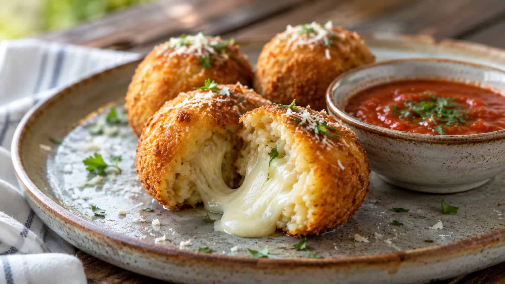 golden fried risotto balls in a wide horizontal shot, one cut open to show melted cheese beside a bowl of marinara on a rustic plate, natural light, shallow depth of field, landscape orientation
