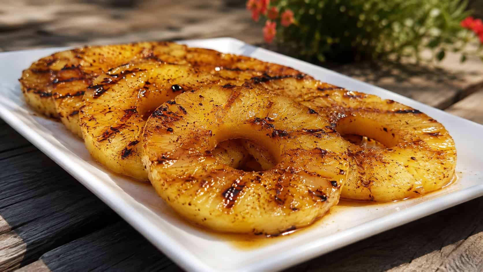 grilled pineapple rings with char marks on a platter, in a wide horizontal shot, glossy honey glaze and a sprinkle of cinnamon, on an outdoor wooden table, warm natural light, shallow depth of field, landscape orientation