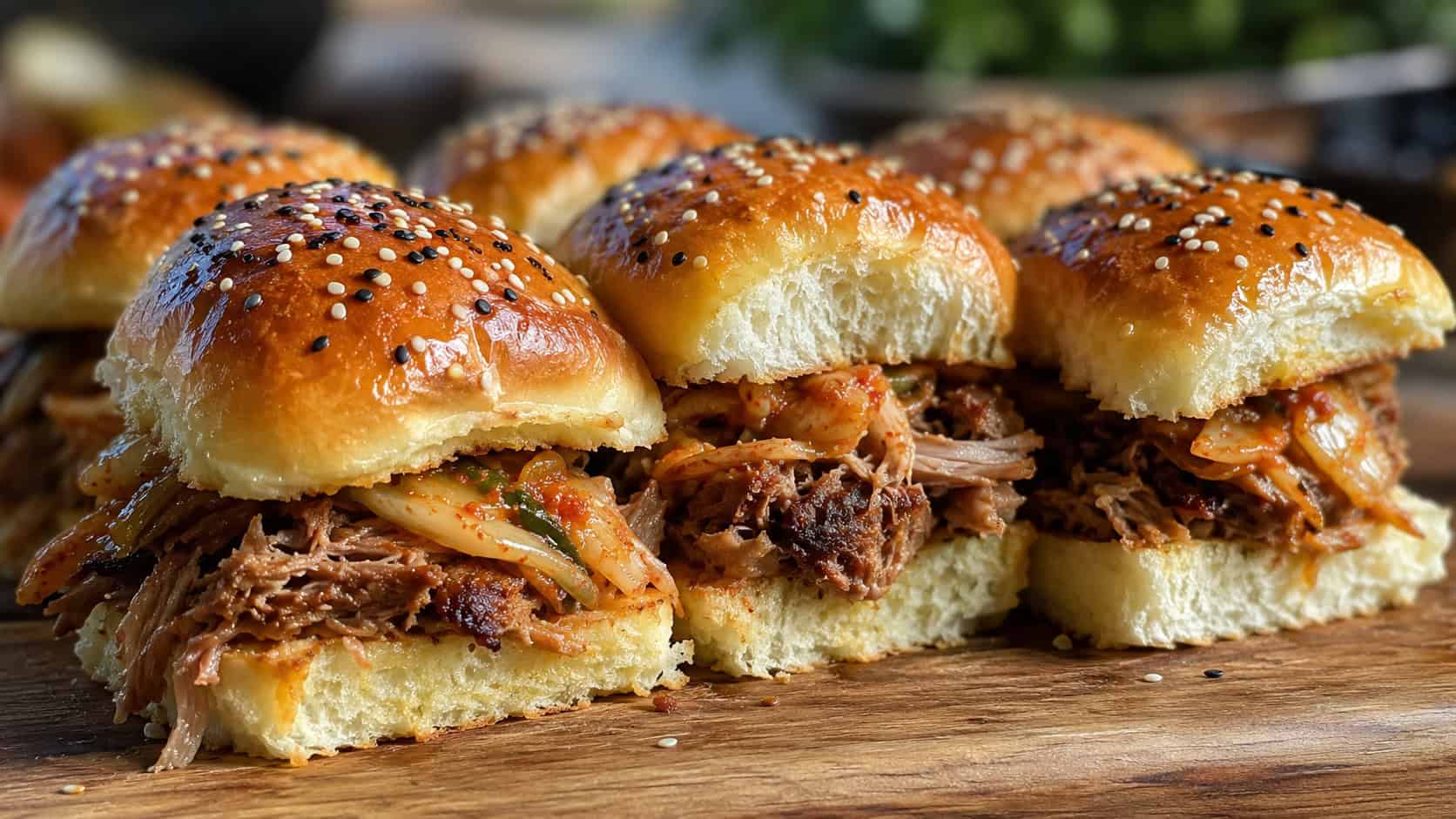 Hawaiian sliders with pork and kimchi pulled apart slightly, in a wide horizontal shot, glossy buttered tops with sesame seeds, on a wooden board, warm natural light, shallow depth of field, landscape orientation
