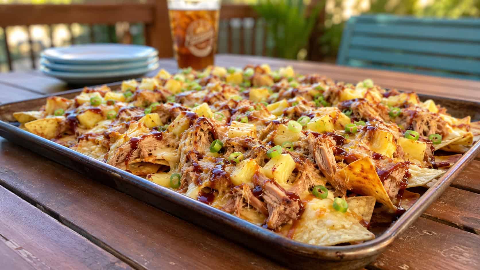 loaded luau pulled pork nachos on a sheet pan, in a wide horizontal shot, melted cheese, pineapple, and green onion with barbecue drizzle, on an outdoor table, warm natural light, shallow depth of field, landscape orientation
