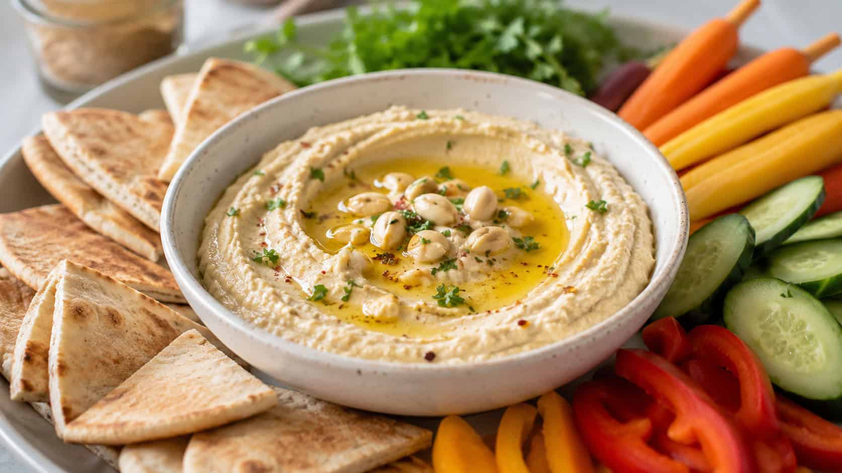 creamy macadamia nut hummus in a bowl drizzled with olive oil, in a wide horizontal shot, surrounded by pita wedges and colorful veggies, on a bright table, natural light, shallow depth of field, landscape orientation