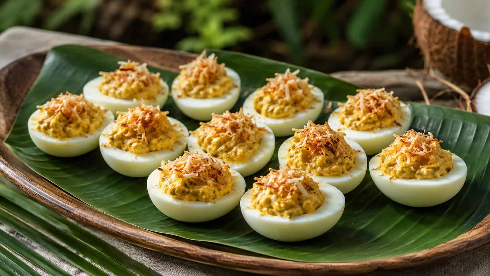 coconut curry deviled eggs arranged on a platter, in a wide horizontal shot, golden curry filling topped with toasted coconut, on a banana leaf, soft natural light, shallow depth of field, landscape orientation