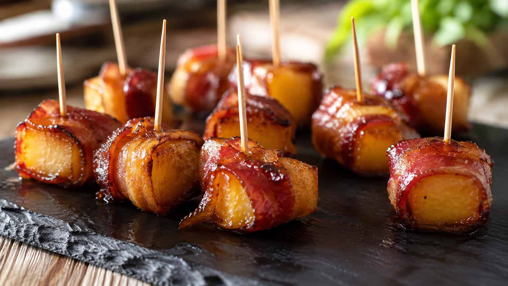 bacon-wrapped pineapple bites on toothpicks, in a wide horizontal shot, caramelized bacon and golden pineapple, arranged on a slate board, warm natural light, shallow depth of field, landscape orientation