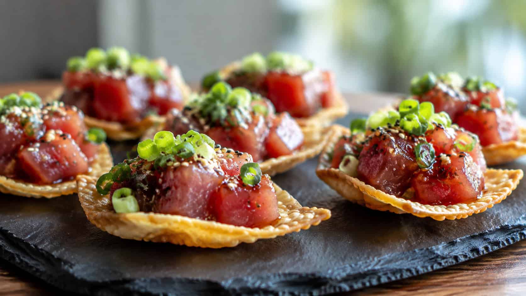ahi poke bites arranged on crispy wonton chips, in a wide horizontal shot, glistening tuna cubes with sesame seeds and green onion, on a dark slate platter, soft natural light, shallow depth of field, landscape orientation