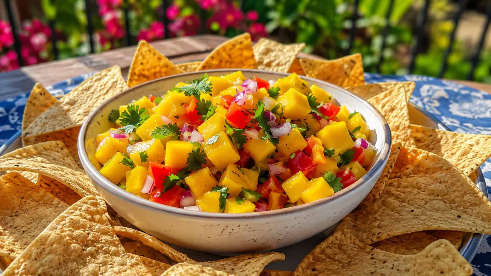 a bowl of bright mango salsa surrounded by tortilla chips, in a wide horizontal shot, colorful diced mango and cilantro, on a sunny outdoor table, vivid natural light, shallow depth of field, landscape orientation