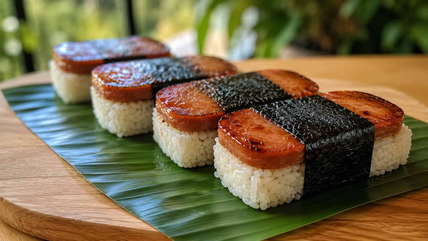 spam musubi pieces lined up on a wooden board, in a wide horizontal shot, glazed spam over white rice wrapped in nori, on a banana leaf, natural light, shallow depth of field, landscape orientation