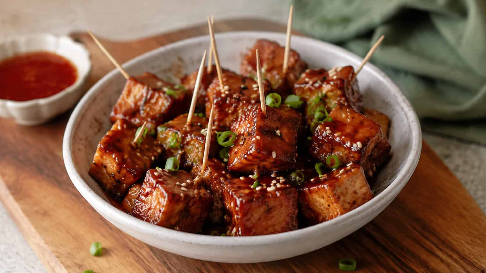 crispy glazed tofu bites in a bowl with toothpicks, in a wide horizontal shot, sticky sweet chili glaze and sesame seeds, on a wooden board, natural light, shallow depth of field, landscape orientation