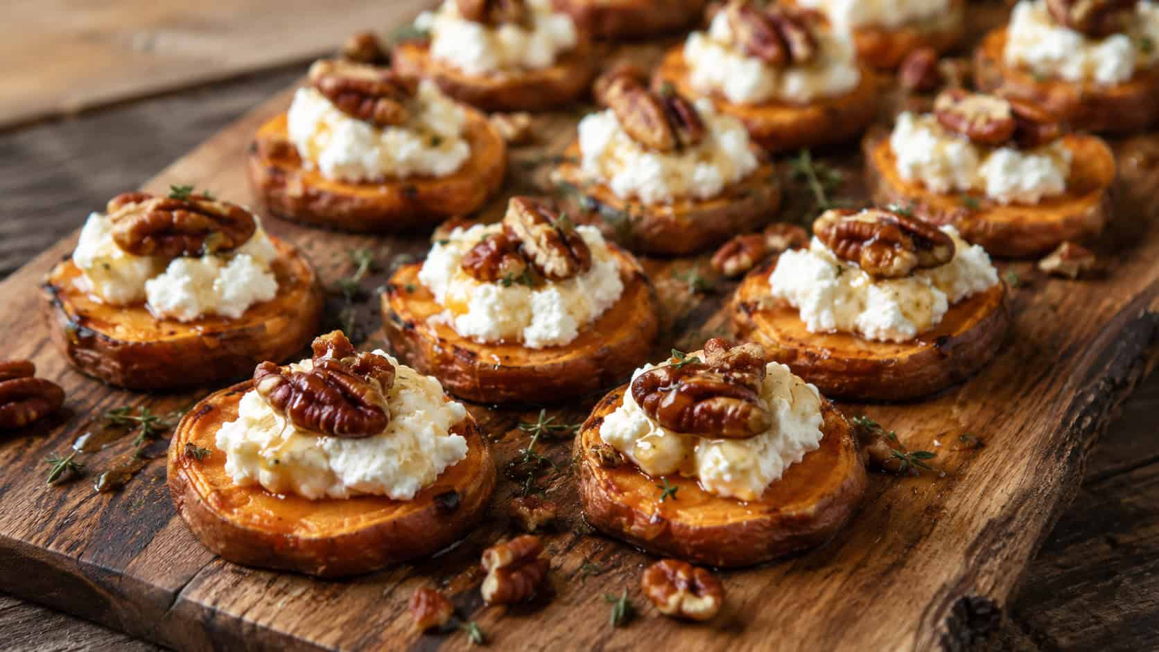 a wide board of roasted sweet potato rounds topped with white goat cheese, honey drizzle, and pecans, arranged in rows, on a rustic wooden surface, warm natural light, shallow depth of field, landscape orientation