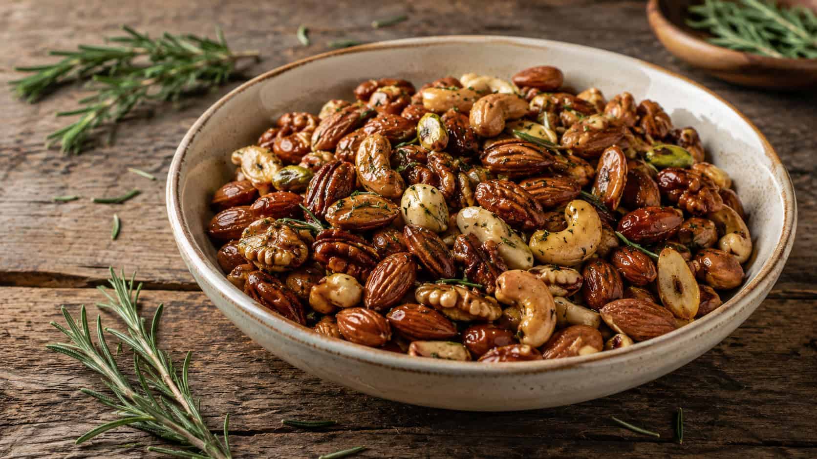 a wide bowl of glossy roasted mixed nuts speckled with rosemary and garlic, a few sprigs of herbs scattered around, on a rustic wooden table, warm natural light, shallow depth of field, landscape orientation