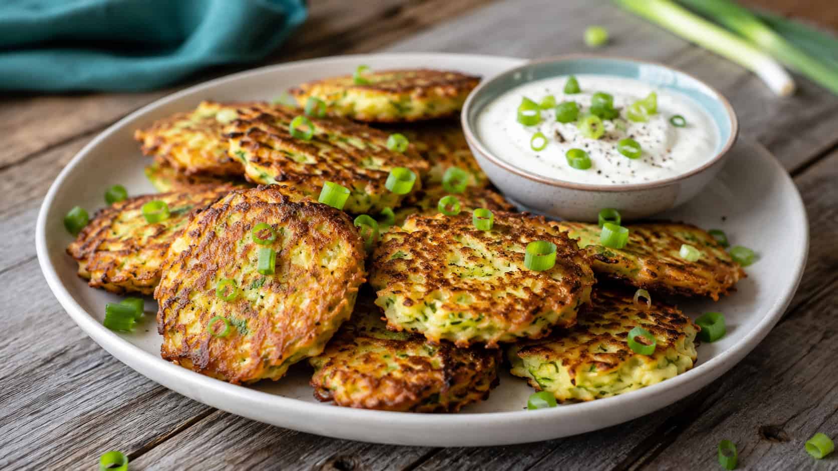 a wide plate of golden crispy zucchini fritters stacked loosely with a small bowl of sour cream, garnished with green onion, on a rustic table, natural light, shallow depth of field, landscape orientation