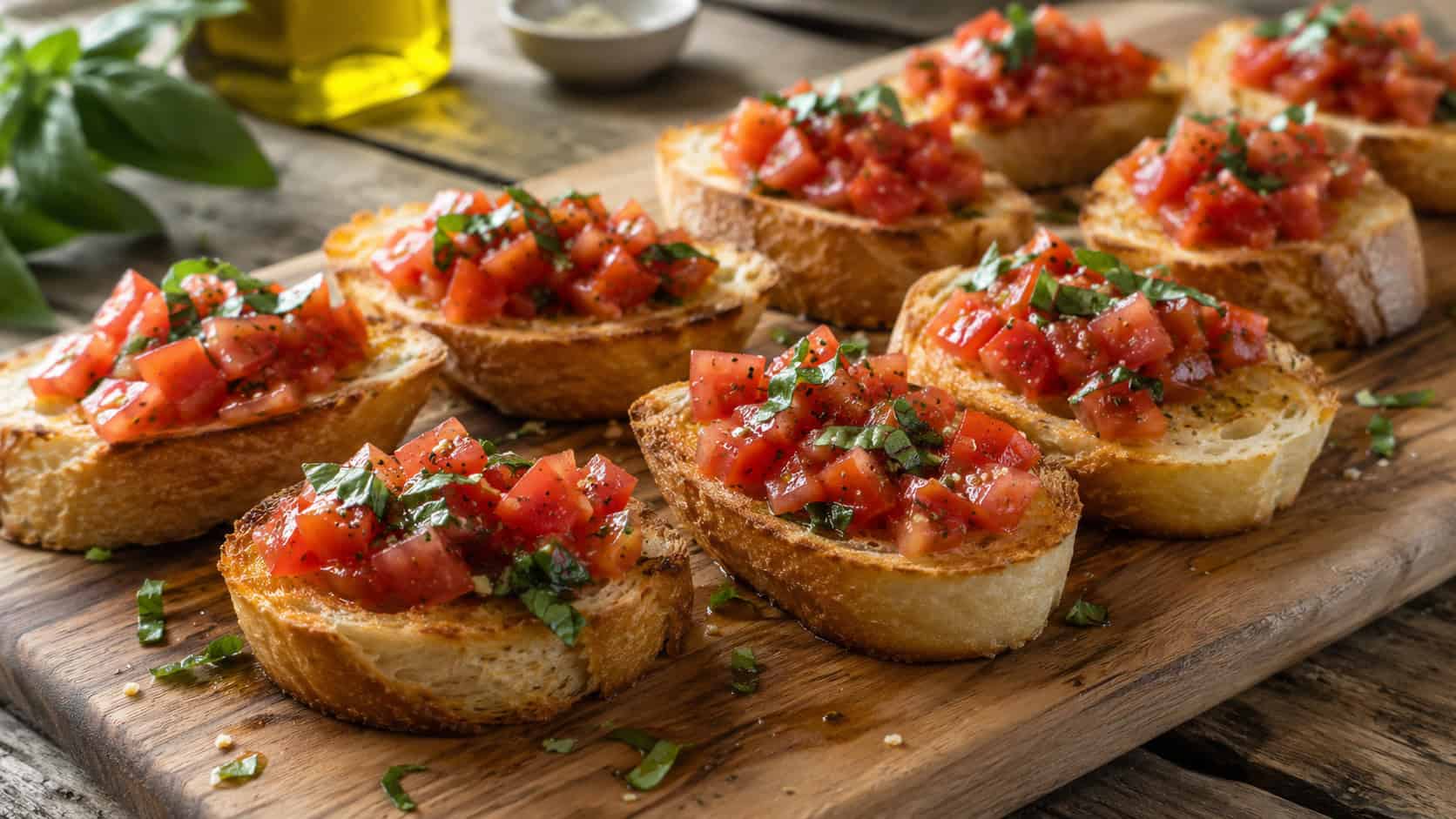 a wide wooden board of toasted baguette slices topped with bright red diced tomatoes and green basil, drizzled with olive oil, on a rustic table, natural light, shallow depth of field, landscape orientation