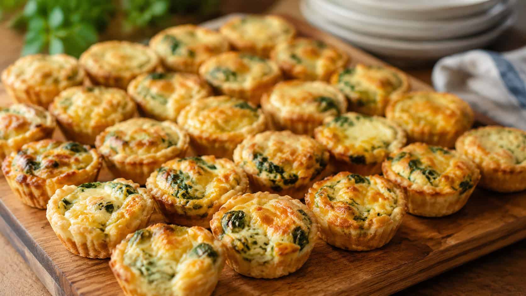 a wide tray of golden mini quiches with flecks of green spinach and melted cheese, arranged in rows, on a wooden board, warm natural light, shallow depth of field, landscape orientation