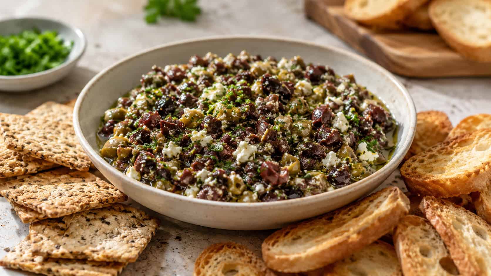a wide bowl of chunky olive and feta tapenade flecked with parsley, surrounded by crackers and crostini, on a stone surface, natural light, shallow depth of field, landscape orientation