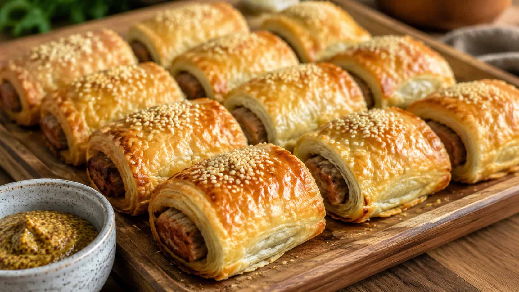a wide tray of golden flaky sausage rolls sprinkled with sesame seeds, arranged in rows, a small bowl of mustard nearby, on a wooden board, warm natural light, shallow depth of field, landscape orientation