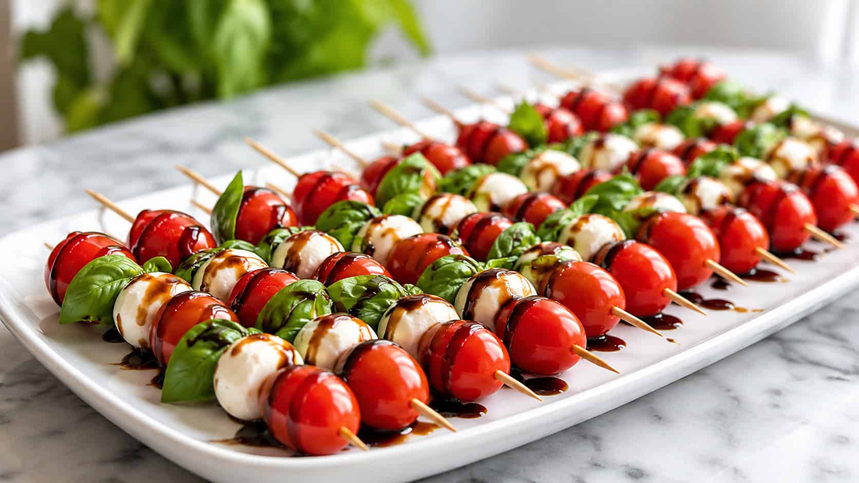 a wide white platter of caprese skewers with red cherry tomatoes, white mozzarella, and green basil, drizzled with dark balsamic glaze, on a marble surface, bright natural light, shallow depth of field, landscape orientation