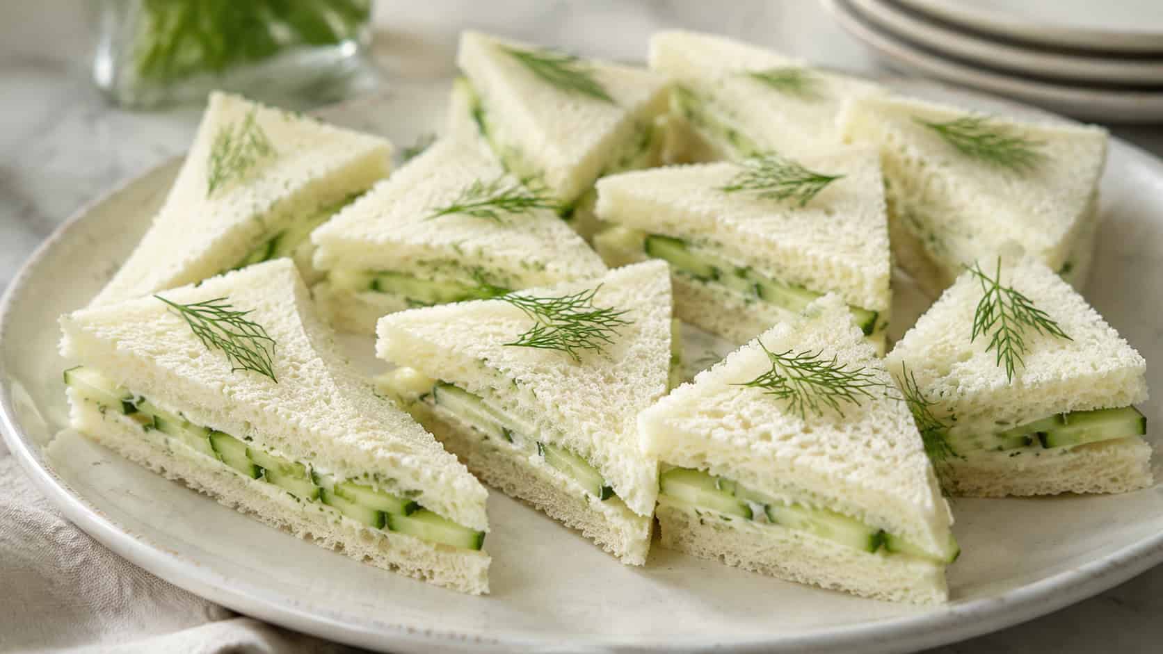 a wide platter of dainty crustless cucumber tea sandwiches cut into triangles, garnished with fresh dill, on a light ceramic plate, bright natural light, shallow depth of field, landscape orientation