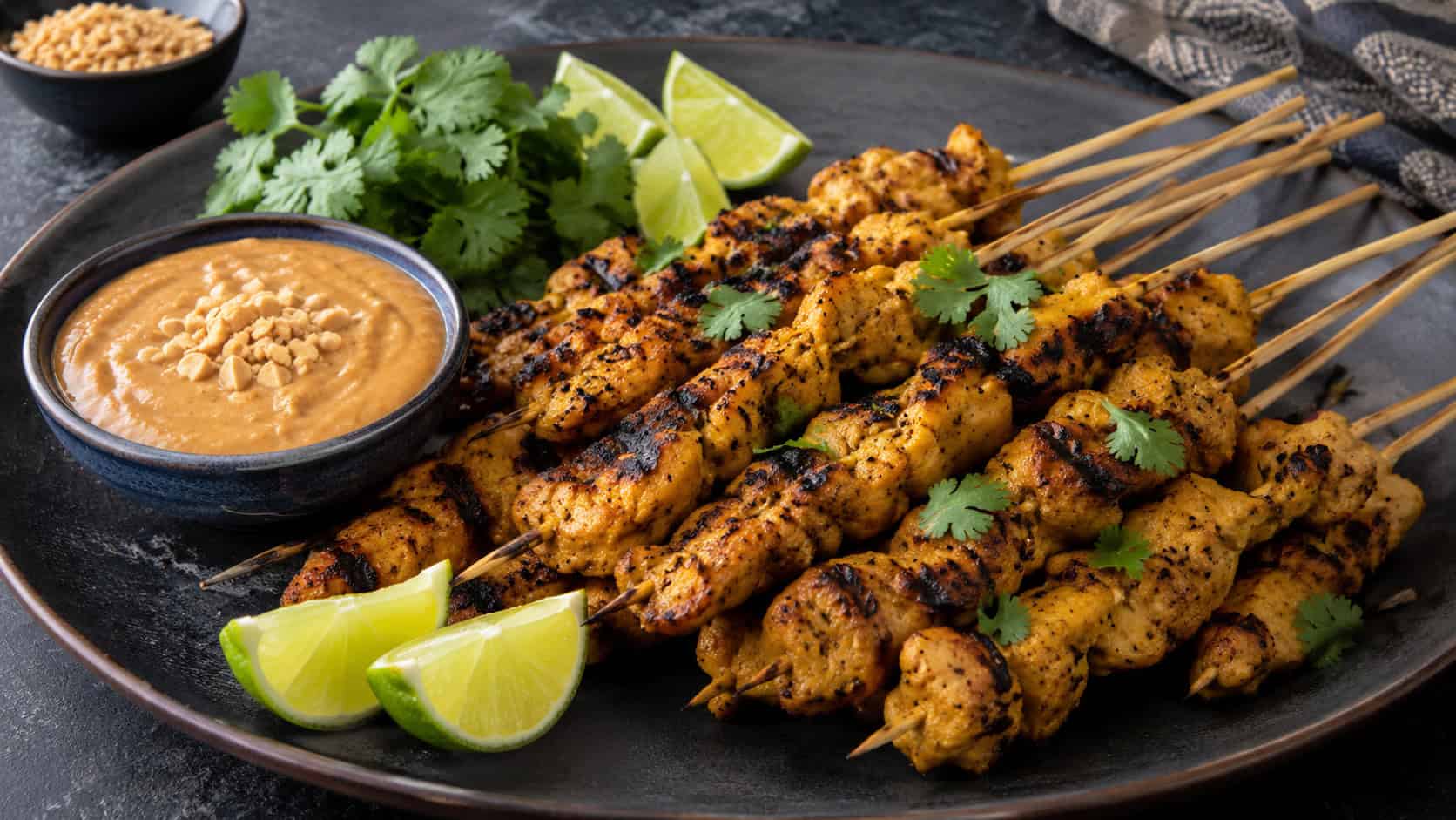 a wide platter of grilled chicken satay skewers with char marks, a small bowl of creamy peanut sauce, garnished with cilantro and lime, on a dark surface, natural light, shallow depth of field, landscape orientation