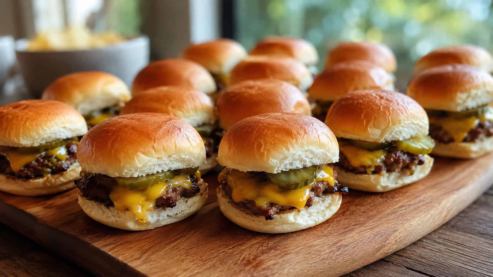 a wide board of mini beef cheeseburger sliders with melted cheese and pickles on soft buns, arranged in rows, on a rustic table, warm natural light, shallow depth of field, landscape orientation