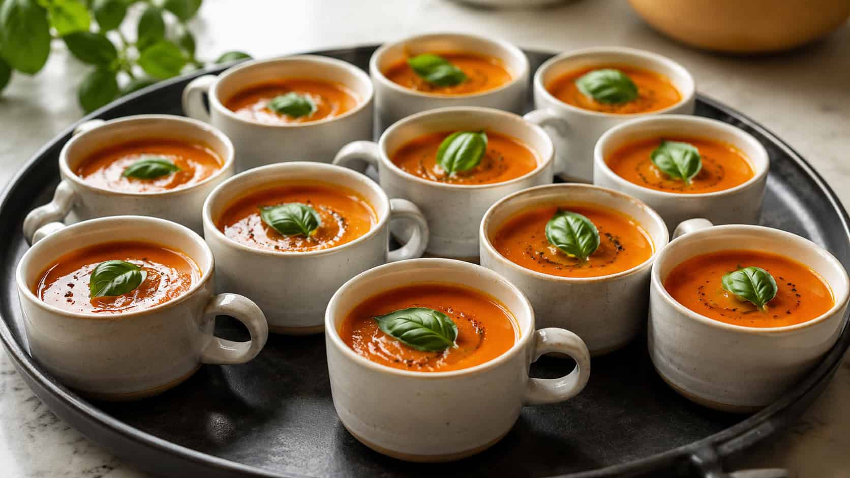 a wide tray of small cups filled with creamy orange-red tomato soup garnished with fresh basil, on a light surface, warm natural light, shallow depth of field, landscape orientation